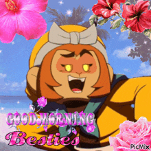 a picture of a cartoon character with the words good morning besties on it