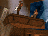 a computer generated image of a man holding a sword and a woman holding a microphone