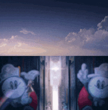 two cartoon characters are standing in front of a glowing object