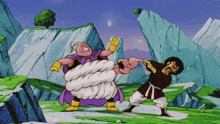 a cartoon of a man holding another man 's hand in a field with mountains in the background