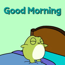a cartoon of a frog sitting on a bed with the words good morning above it