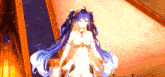 a girl with blue hair is standing in front of a large mirror