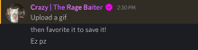 a screenshot of a message from crazy the rage baiter at 2:30 pm