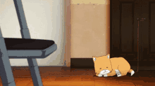 a cartoon dog on a leash laying on the floor next to a chair