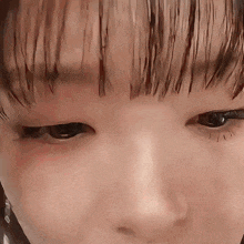 a close up of a person 's face with a fringe