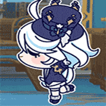 a cartoon of a girl with white hair and a blue hat .