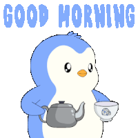 a penguin is holding a teapot and a cup of coffee with the words " good morning " above it