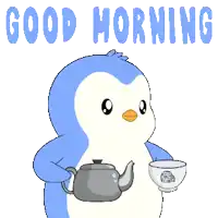 a penguin is holding a teapot and a cup of coffee with the words " good morning " above it