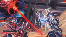a couple of anime characters standing next to each other with one holding a sword and the other holding a wand