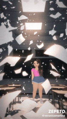 a picture of a girl in a classroom with papers falling around her