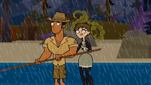 a man and a woman are standing in the rain holding a stick