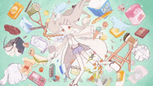 a drawing of a girl surrounded by various items including a box that says ' aaa ' on it