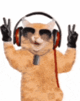 a cat wearing headphones , sunglasses and gloves is giving a peace sign .