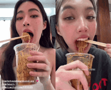 two photos of a woman eating noodles with chopsticks