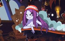 a cartoon of a girl with purple hair and a red and white hat