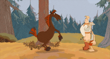 a cartoon drawing of a man kneeling down next to a horse