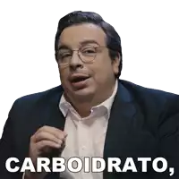 a man in a suit and glasses says carboidrato in white letters