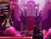 a screenshot of a video game shows a woman laying on a red carpet in front of a building
