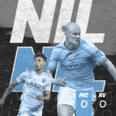 two soccer players are playing against each other with the word nil in the background