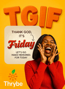 a woman in a red sweater is laughing in front of a yellow background that says thank god it 's friday