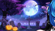 a woman with blue hair is standing in a cemetery with pumpkins and a full moon in the background