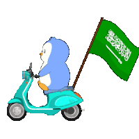 a cartoon penguin is riding a scooter with a green flag