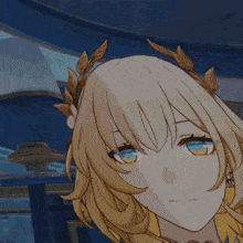 a girl with a laurel wreath on her head looks at the camera