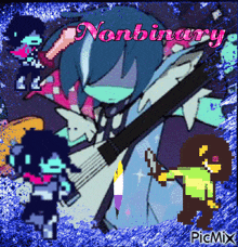 a pixel art of a girl playing a guitar with the words nonbinary written on it