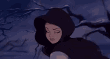a close up of a cartoon character wearing a black hood and making a surprised face .