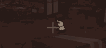 a ghost is sitting on the floor in a room with a cross in the middle .
