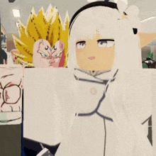 a girl with white hair stands next to a cartoon character with yellow hair