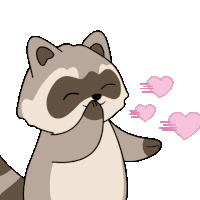 a cartoon raccoon is blowing pink hearts out of its eyes