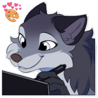 a cartoon drawing of a wolf with hearts and a palette behind it