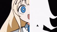 a cartoon of a girl with blonde hair and blue eyes is split in half .
