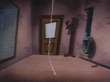 a group of cartoon characters are standing around a door