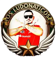a logo for os ludonaticos with a man wearing sunglasses