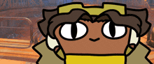 a cartoon drawing of a person with big eyes and a yellow scarf around their neck