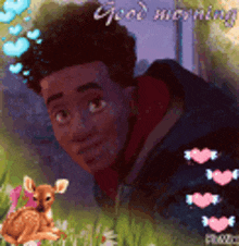 a picture of a man and a deer with the words good morning in the background