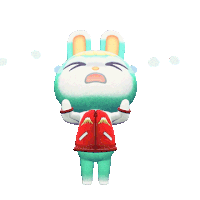 a green and white bunny with a red jacket on is crying