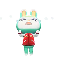 a green and white bunny with a red jacket on is crying