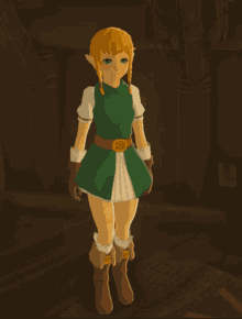 a cartoon character wearing a green vest and brown boots