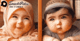 a baby wearing a hijab and a baby wearing a hat are sitting next to each other and smiling .