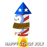 a happy 4th of july greeting card with a penguin tied up in a fireworks rocket