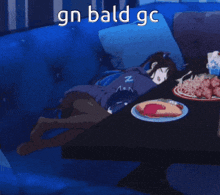 a girl is laying on a couch next to a table with plates of food and the words gn bald gc above her