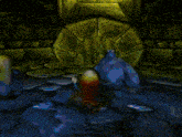 a cartoon character is standing in front of a stone wall in a dark room