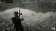 a man is fishing in a video game while wearing a cowboy hat .