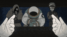a black and white drawing of a man in a space suit with a hood on