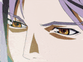a close up of a person 's face with purple hair