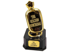 a small trophy that says the golden douchebag