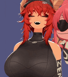 a girl with red hair is wearing a black top with the word zen on the sleeves